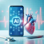 "Gráfico ilustrativo mostrando aplicativos de saúde utilizando inteligência artificial para monitorar batimentos cardíacos irregulares em dispositivos móveis."